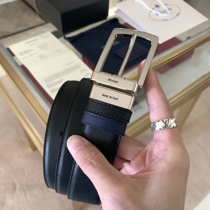 Pra*a saffiano leather reversible belt black / blue