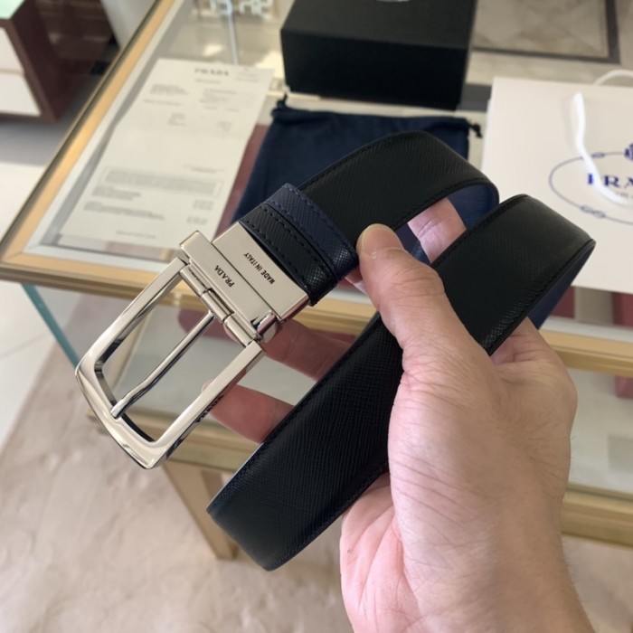 Pra*a saffiano leather reversible belt black / blue