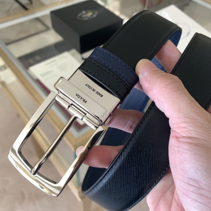 Pra*a saffiano leather reversible belt black / blue