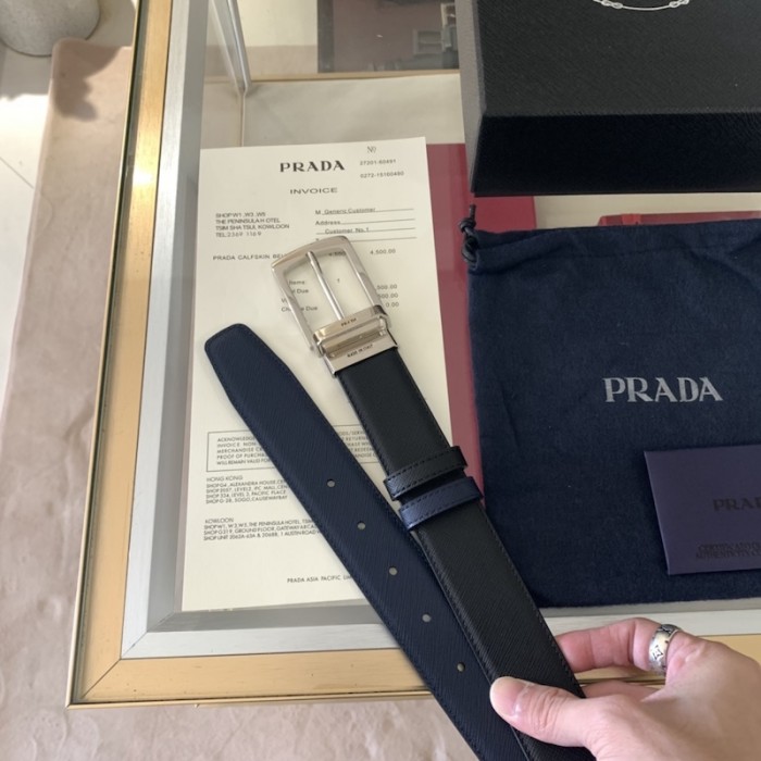 Pra*a saffiano leather reversible belt black / blue