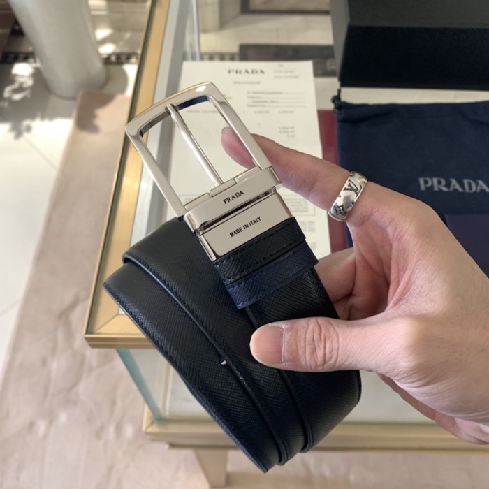 Pra*a saffiano leather reversible belt black / blue