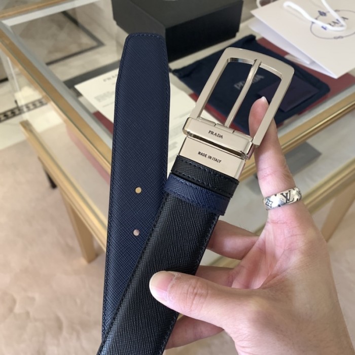 Pra*a saffiano leather reversible belt black / blue
