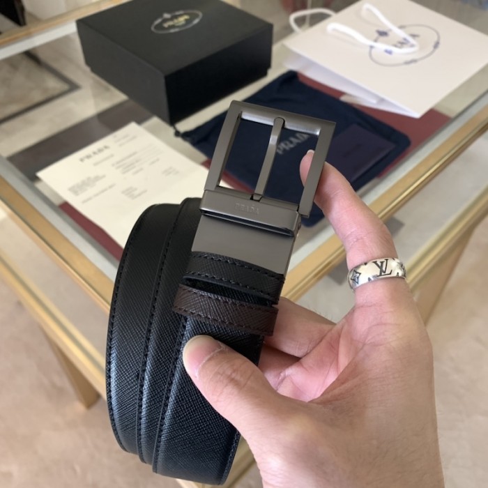 Pra*a saffiano leather reversible belt black / brown