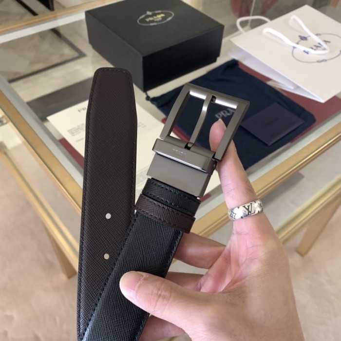 Pra*a saffiano leather reversible belt black / brown