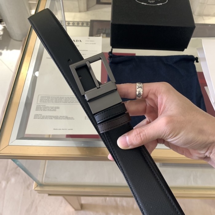 Pra*a saffiano leather reversible belt black / brown