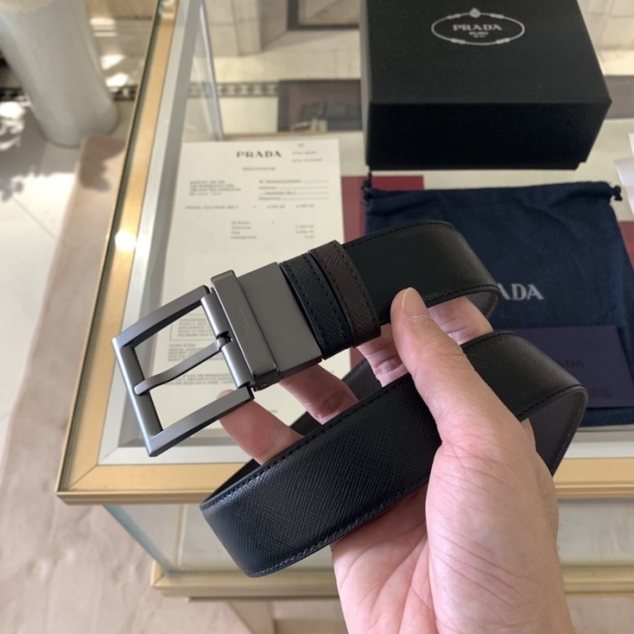 Pra*a saffiano leather reversible belt black / brown