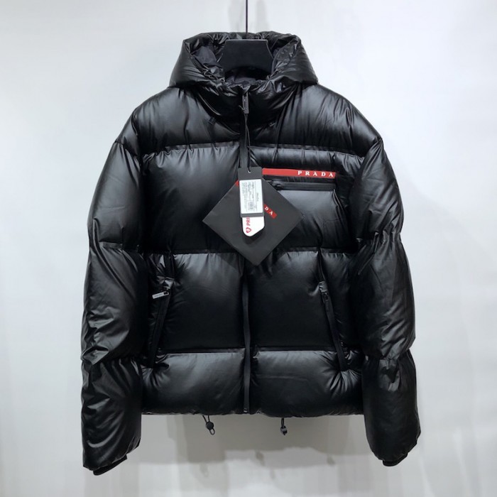 Pra*a light nylon hooded puffer jacket black