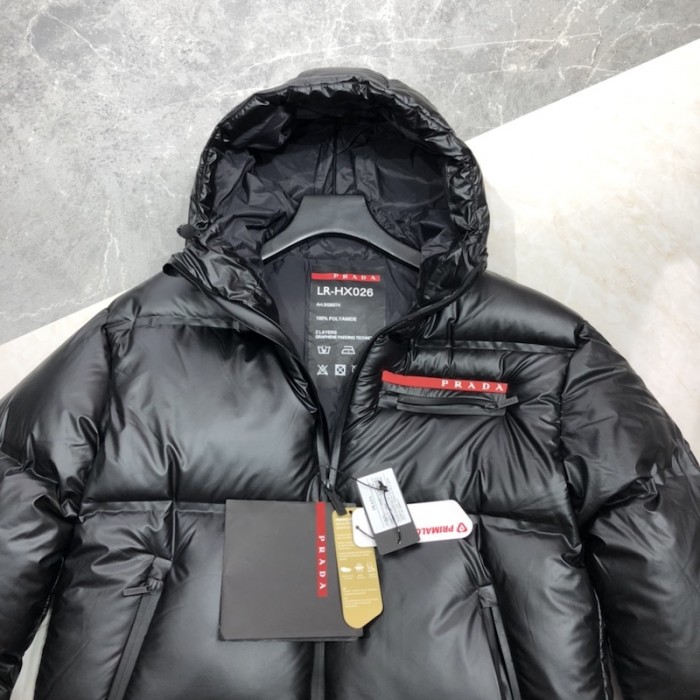Pra*a light nylon hooded puffer jacket black