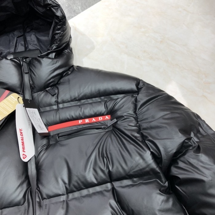 Pra*a light nylon hooded puffer jacket black