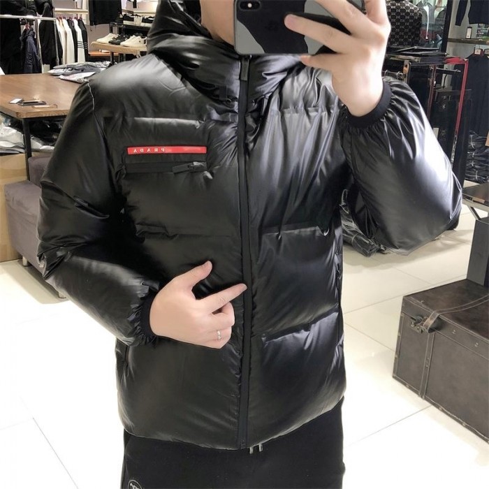 Pra*a light nylon hooded puffer jacket black