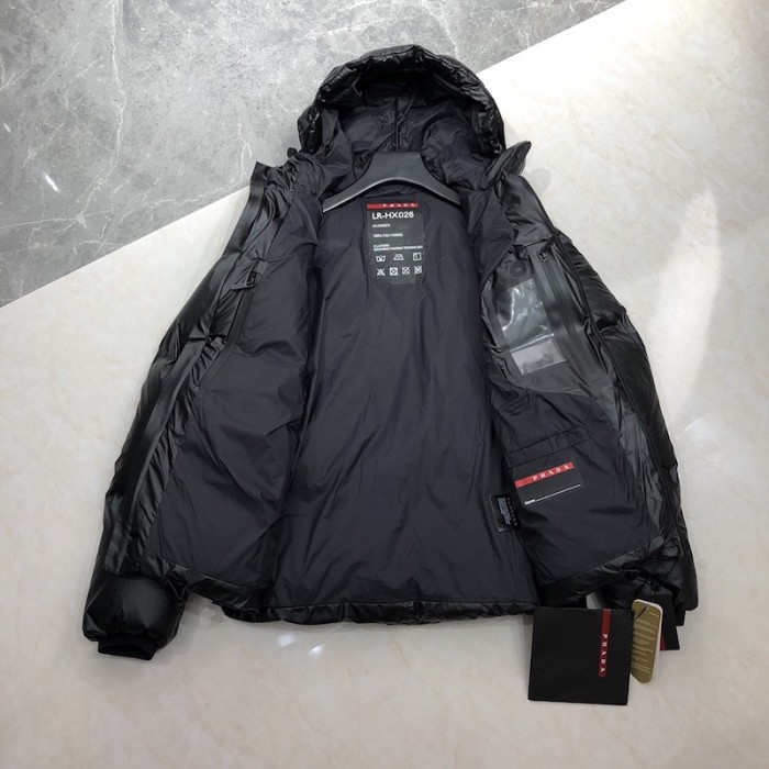 Pra*a light nylon hooded puffer jacket black