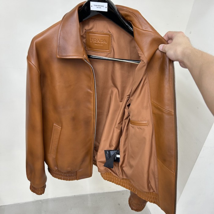 Pra*a oversized nappa leather bomber jacket caramel