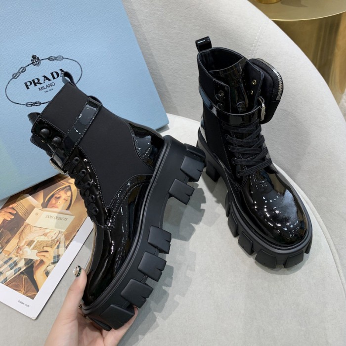 Pra*a monolith patent leather short boots black