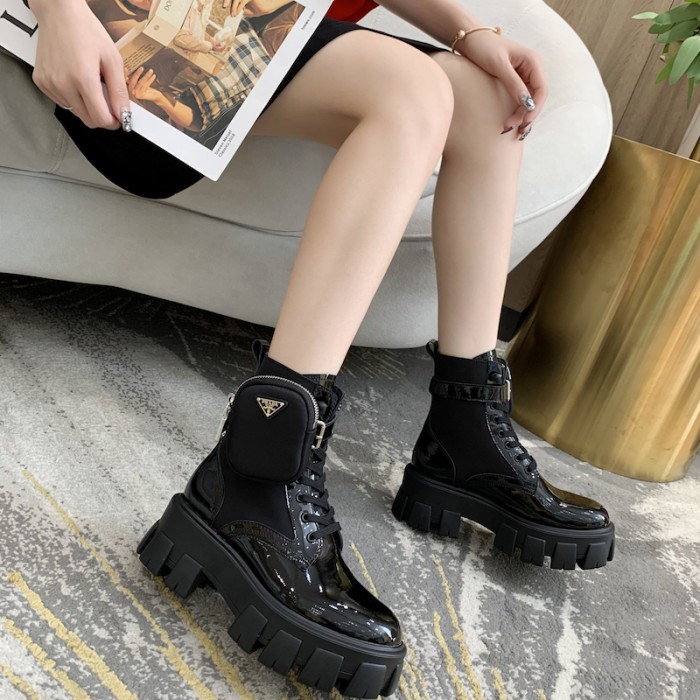 Pra*a monolith patent leather short boots black