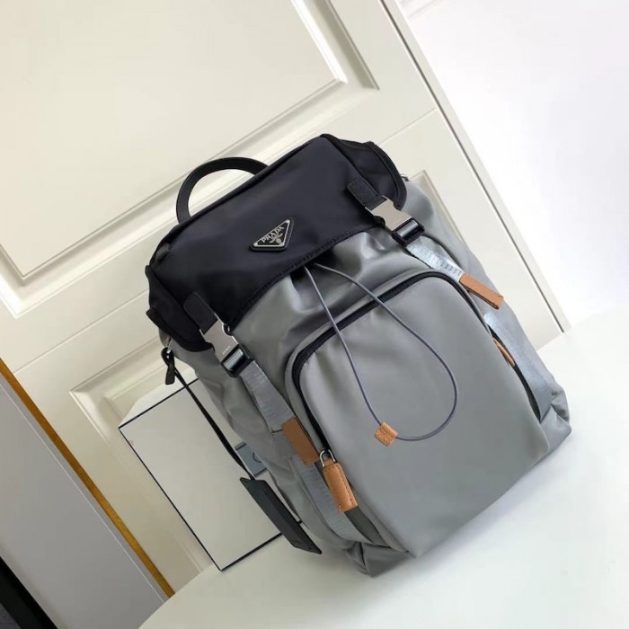 Pra*a re-nylon and saffiano leather backpack grey