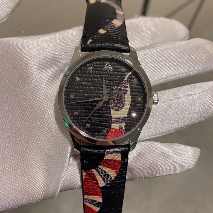 G*u*i black leather g-timeless watch 38mm with snake print