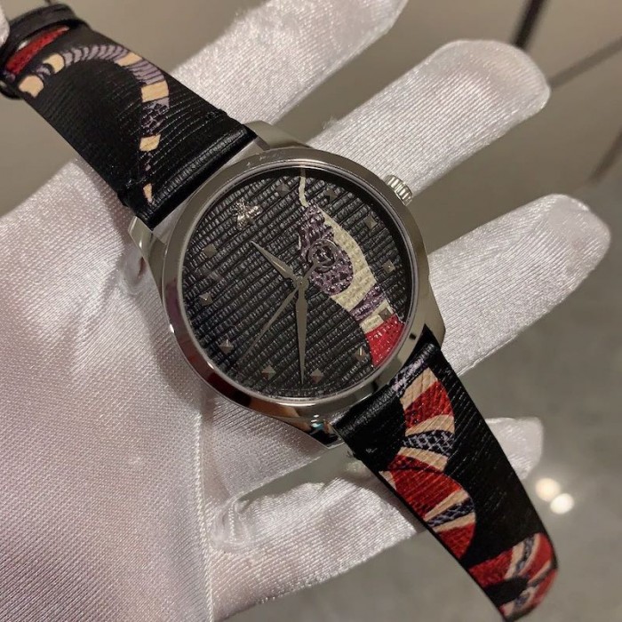 G*u*i black leather g-timeless watch 38mm with snake print