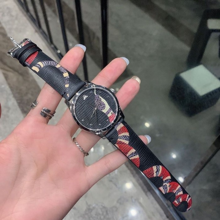 G*u*i black leather g-timeless watch 38mm with snake print