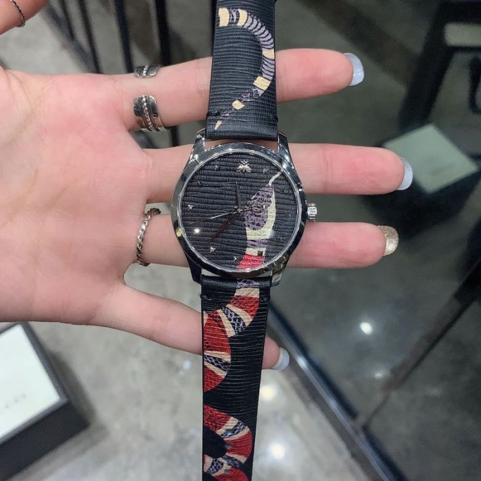 G*u*i black leather g-timeless watch 38mm with snake print