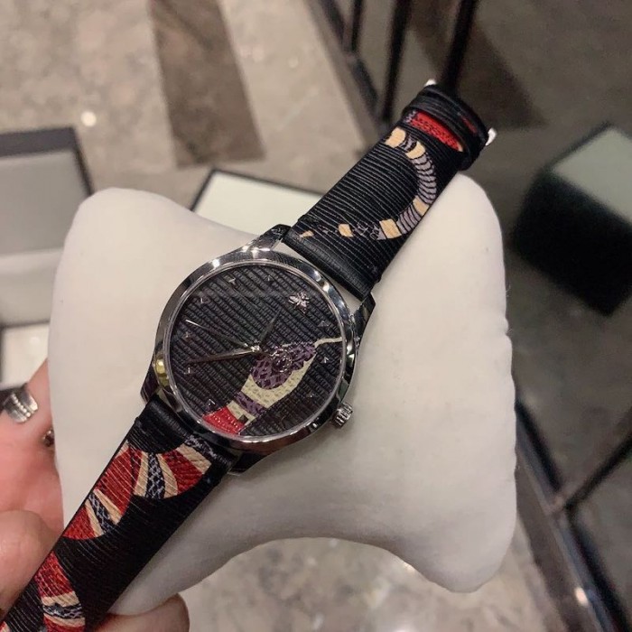 G*u*i black leather g-timeless watch 38mm with snake print