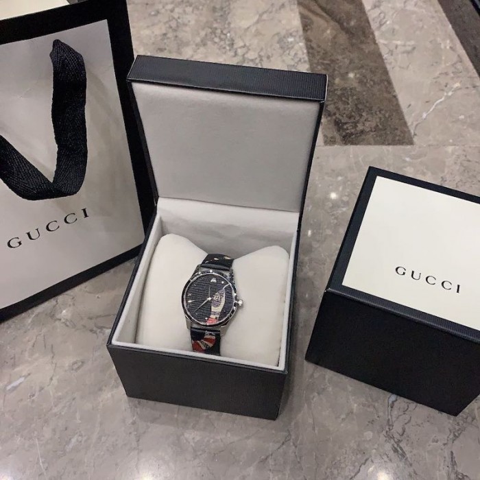 G*u*i black leather g-timeless watch 38mm with snake print