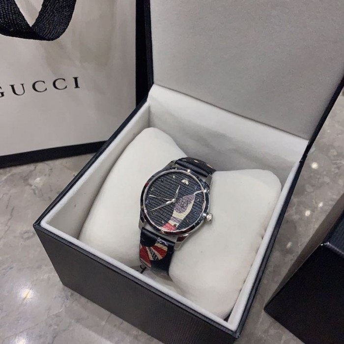 G*u*i black leather g-timeless watch 38mm with snake print