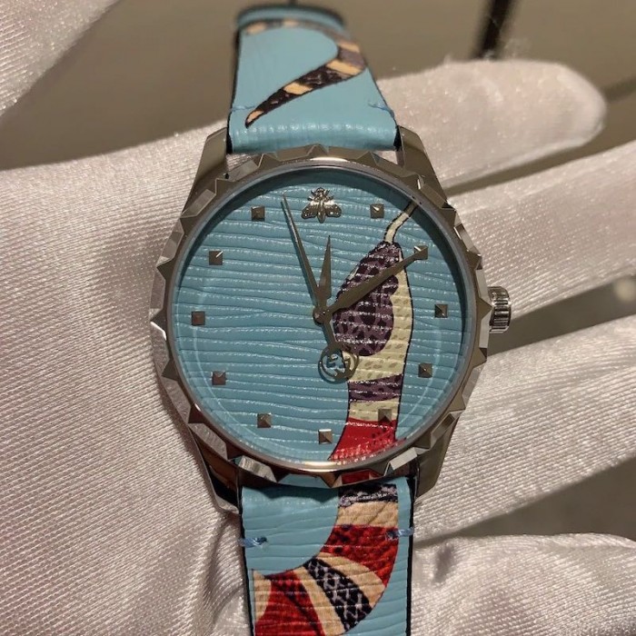 G*u*i blue leather g-timeless watch 38mm with snake print