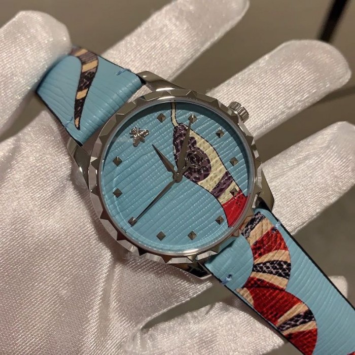 G*u*i blue leather g-timeless watch 38mm with snake print