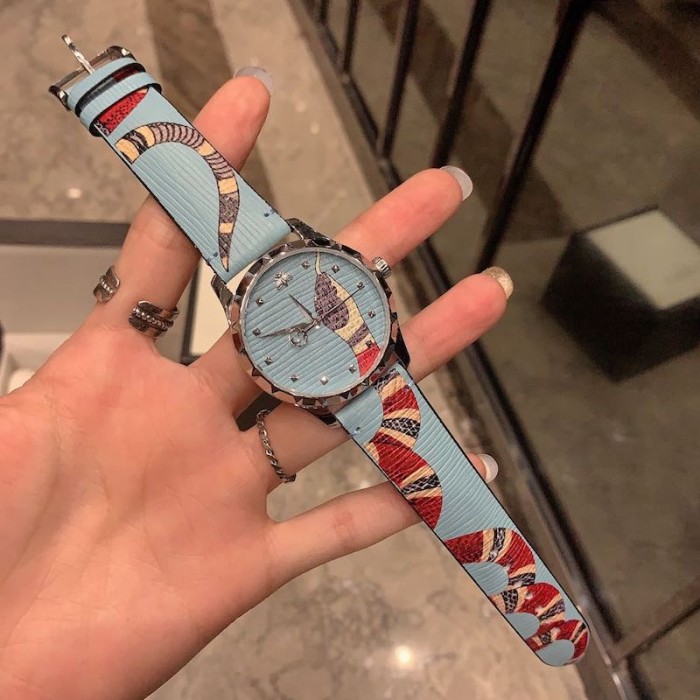 G*u*i blue leather g-timeless watch 38mm with snake print