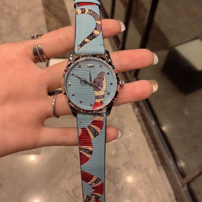 G*u*i blue leather g-timeless watch 38mm with snake print