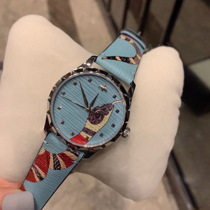 G*u*i blue leather g-timeless watch 38mm with snake print