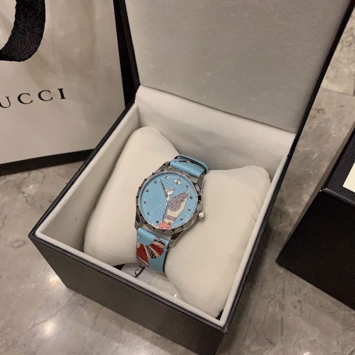 G*u*i blue leather g-timeless watch 38mm with snake print