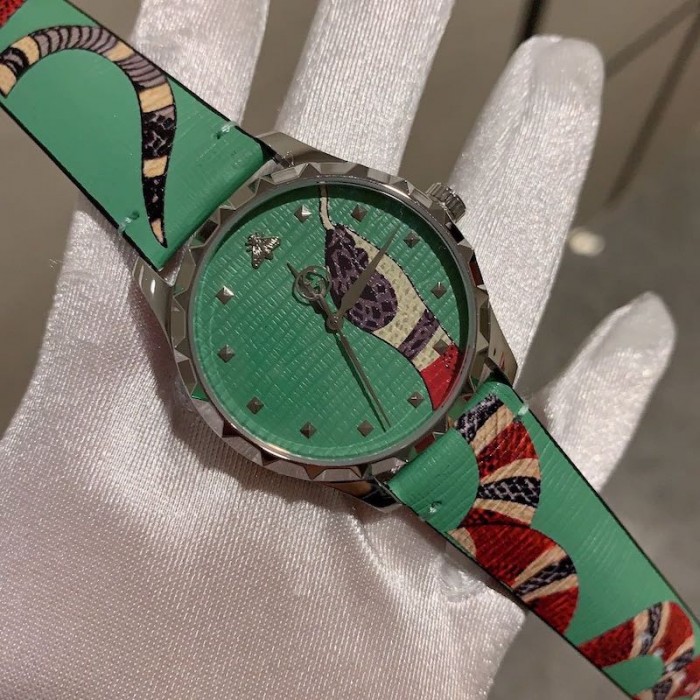 G*u*i green leather g-timeless watch 38mm with snake print