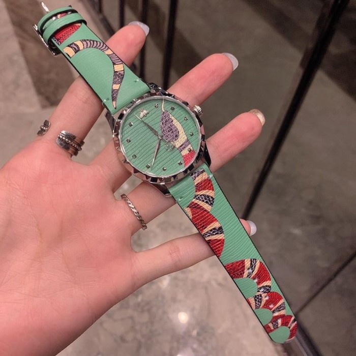 G*u*i green leather g-timeless watch 38mm with snake print