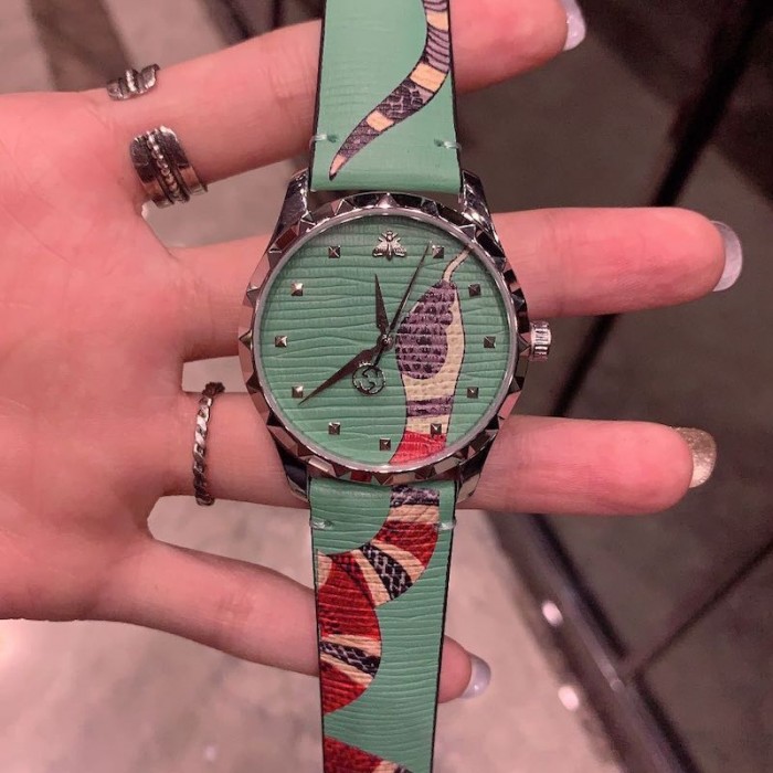 G*u*i green leather g-timeless watch 38mm with snake print