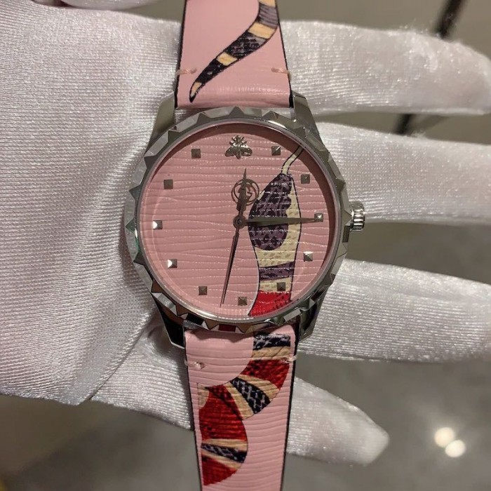 G*u*i pink leather g-timeless watch 38mm with snake print