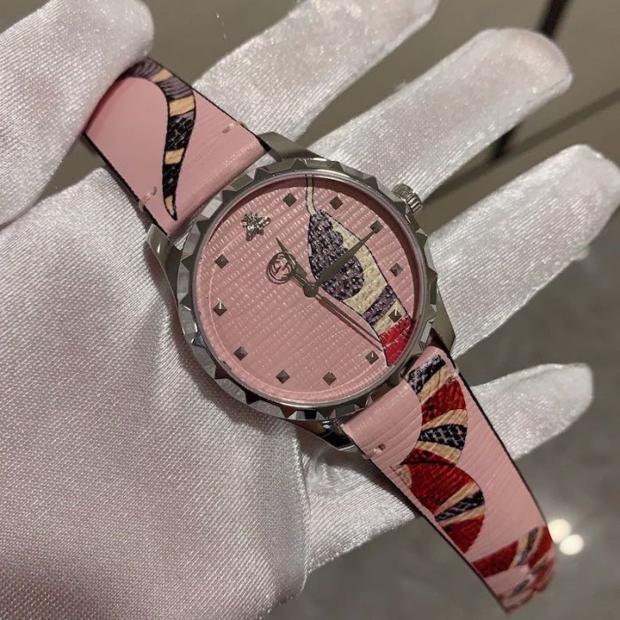 G*u*i pink leather g-timeless watch 38mm with snake print