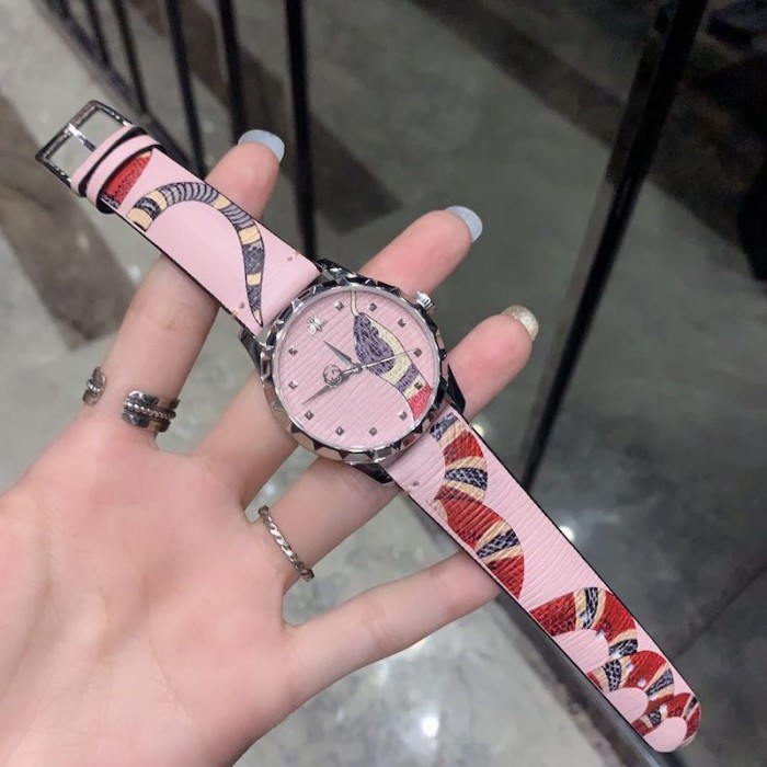 G*u*i pink leather g-timeless watch 38mm with snake print