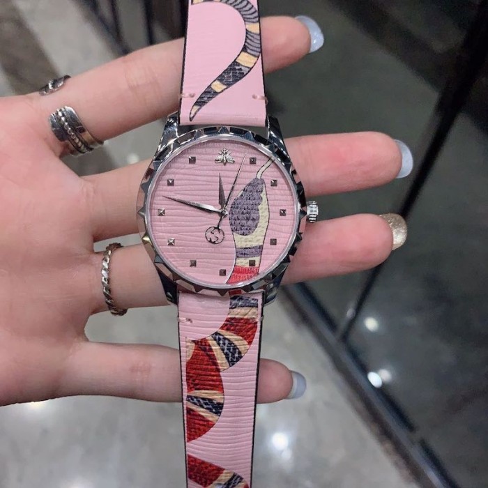 G*u*i pink leather g-timeless watch 38mm with snake print