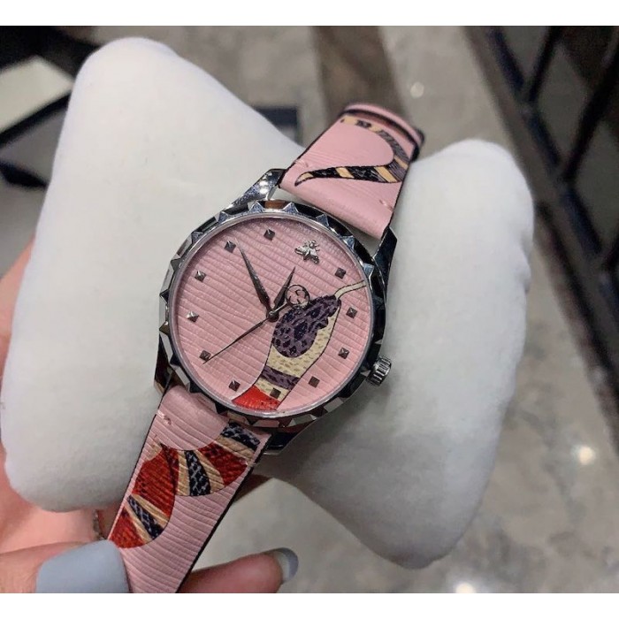 G*u*i pink leather g-timeless watch 38mm with snake print
