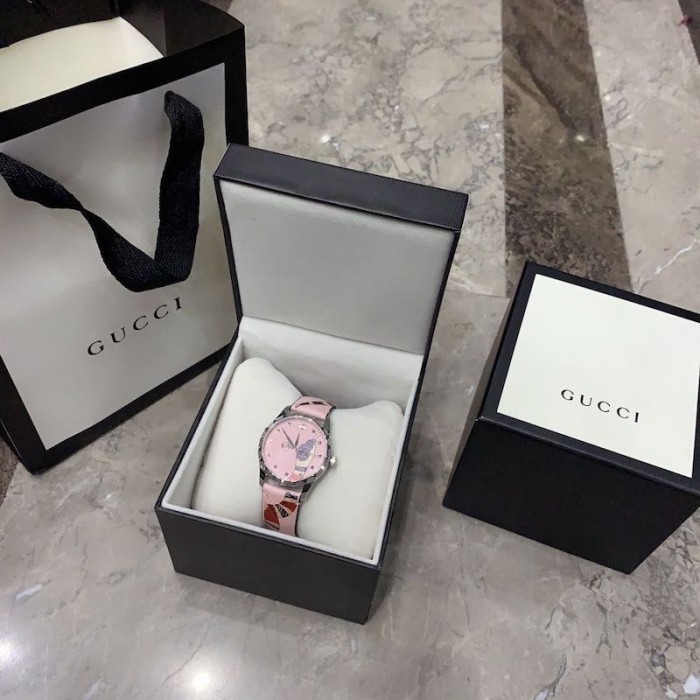 G*u*i pink leather g-timeless watch 38mm with snake print