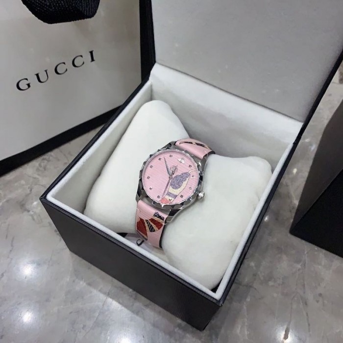 G*u*i pink leather g-timeless watch 38mm with snake print
