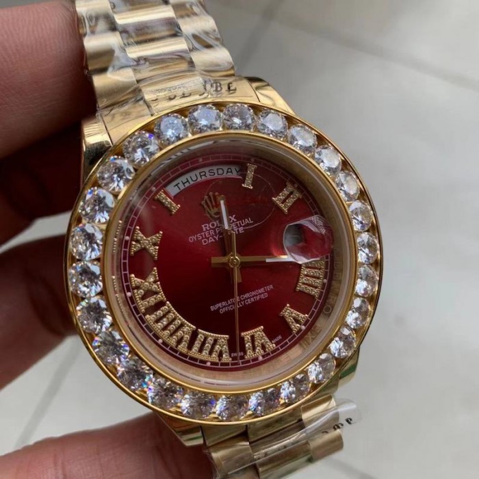 Rolex 18K Yellow Gold Diamond 40 MM Watch Red Face