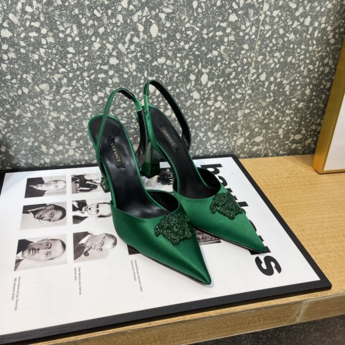 Versace Crystal La Medusa Satin Sling-Back Pumps Green
