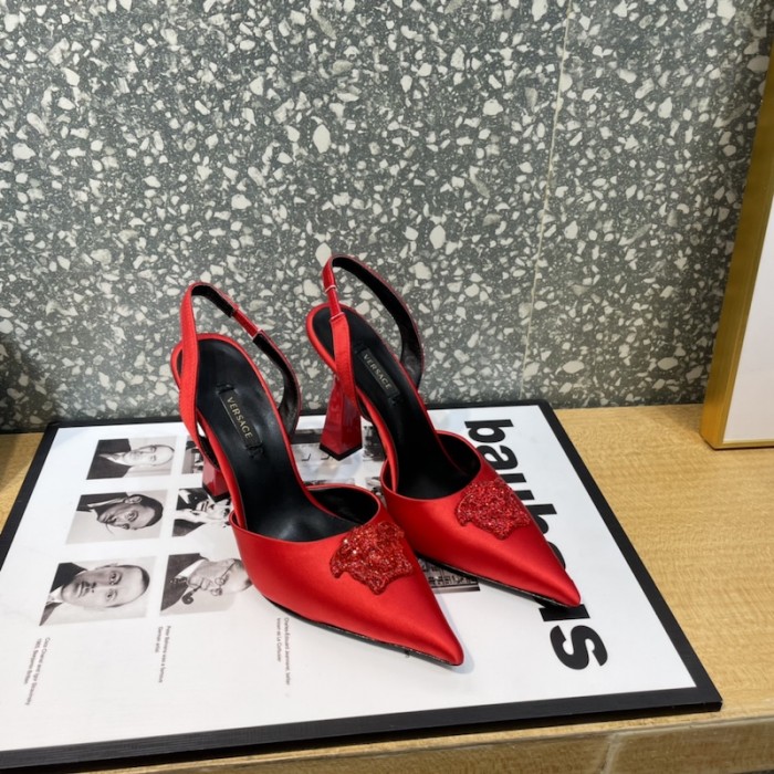Versace Crystal La Medusa Satin Sling-Back Pumps Red