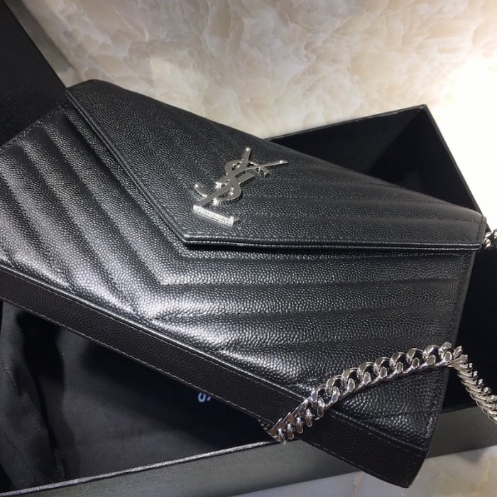 YSL Monogram Envelope Chain Bag Black with Silver