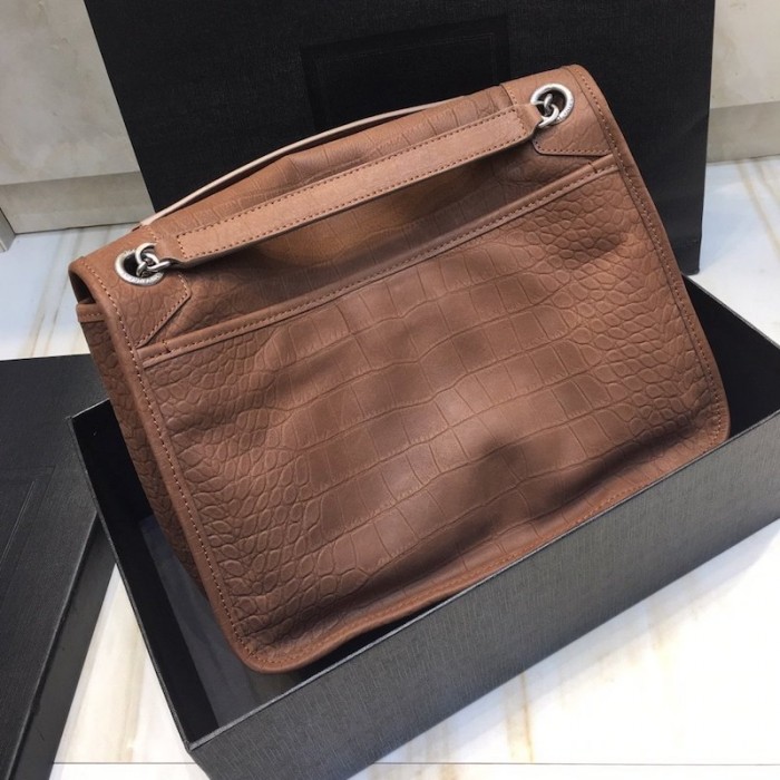 YSL Monogramme Medium Croc Niki Bag Tan