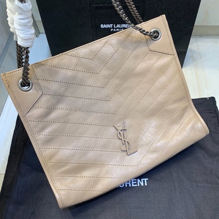 YSL Niki Medium Shopping Bag in Crinkled Vintage Leather Beige