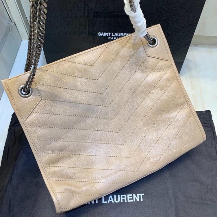 YSL Niki Medium Shopping Bag in Crinkled Vintage Leather Beige