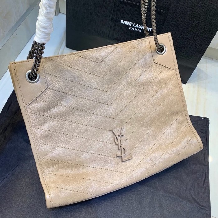 YSL Niki Medium Shopping Bag in Crinkled Vintage Leather Beige